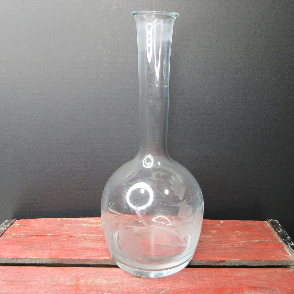 Vintage Clear Glass Etched Floral Bud Vase Decorative Table Decor Large